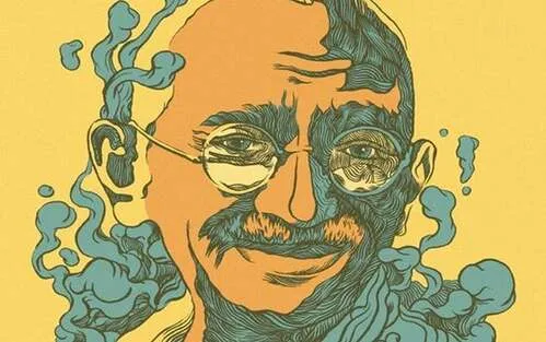 Gandhi illusztrációja' title='Mahatma Gandhi: az erőszakmentesség vezetője