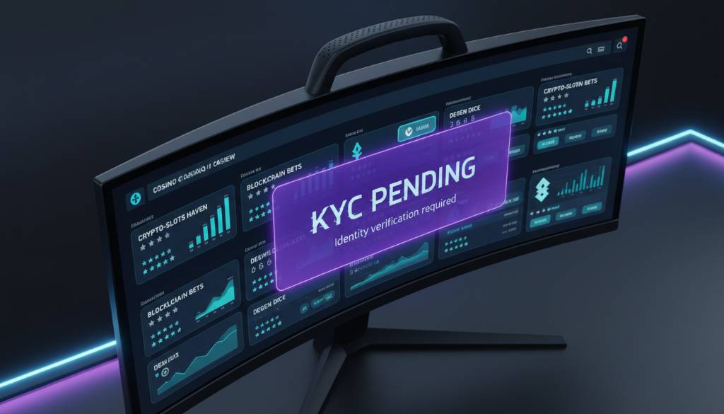 Dark-mode desktop monitor displaying a neon casino review interface with a prominent cyber-purple KYC PENDING notification and glassmorphism UI elements.