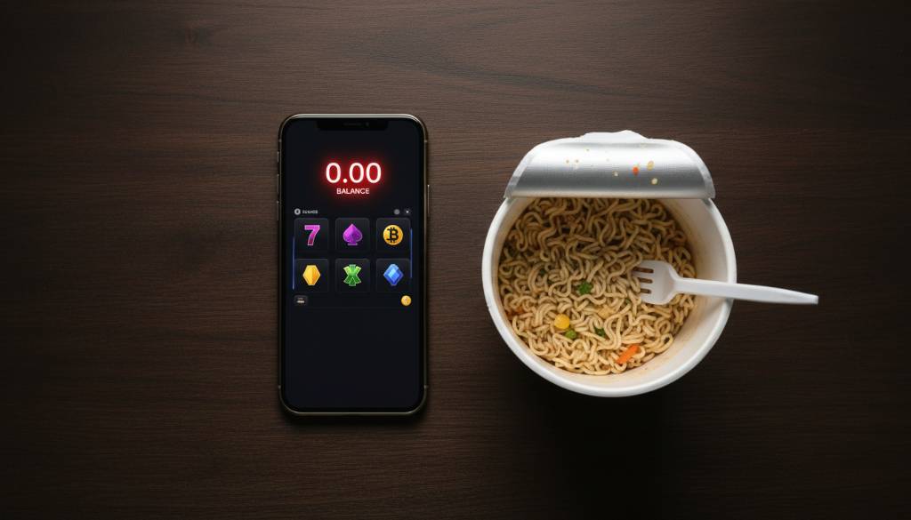 Top-down flatlay of a smartphone displaying a crypto casino slot game with a neon red zero balance next to a cup of instant ramen on a dark wood background. Top-down flatlay of a smartphone displaying a crypto casino slot game with a neon red zero balance next to a cup of instant ramen on a dark wood background.