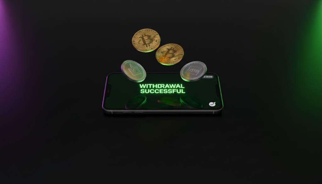 Top-down flatlay of a smartphone on a dark obsidian surface displaying a crypto casino 