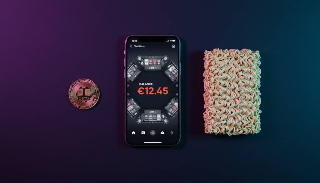 Minimalist flatlay of a smartphone showing a low casino balance next to dry instant ramen and a gold USDT coin under neon cyberpunk lighting.