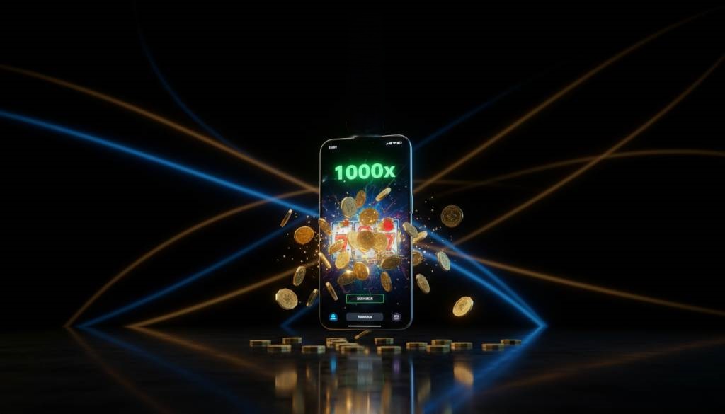 Sleek smartphone balanced on a dark reflective surface displaying a high-volatility slot game win with exploding gold crypto coins and a glowing 1000x multiplier. Sleek smartphone balanced on a dark reflective surface displaying a high-volatility slot game win with exploding gold crypto coins and a glowing 1000x multiplier.