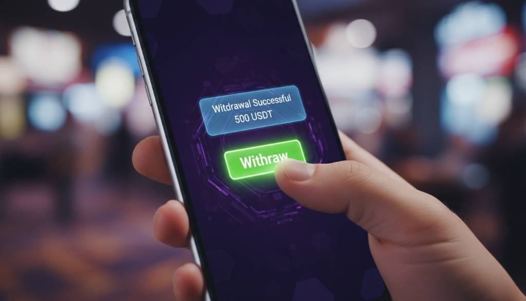 Hand pressing a neon green Withdraw button on a mobile casino interface displaying a successful 500 USDT withdrawal notification.