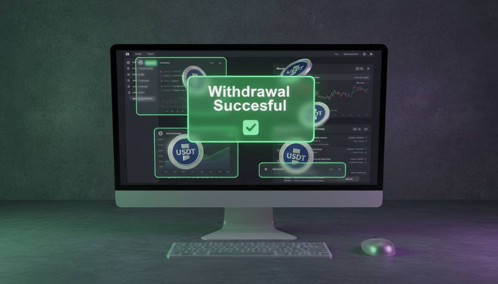 Top-down flatlay of a dark mode crypto monitor displaying a successful USDT withdrawal notification among 3D coins with cyberpunk neon lighting. Top-down flatlay of a dark mode crypto monitor displaying a successful USDT withdrawal notification among 3D coins with cyberpunk neon lighting.