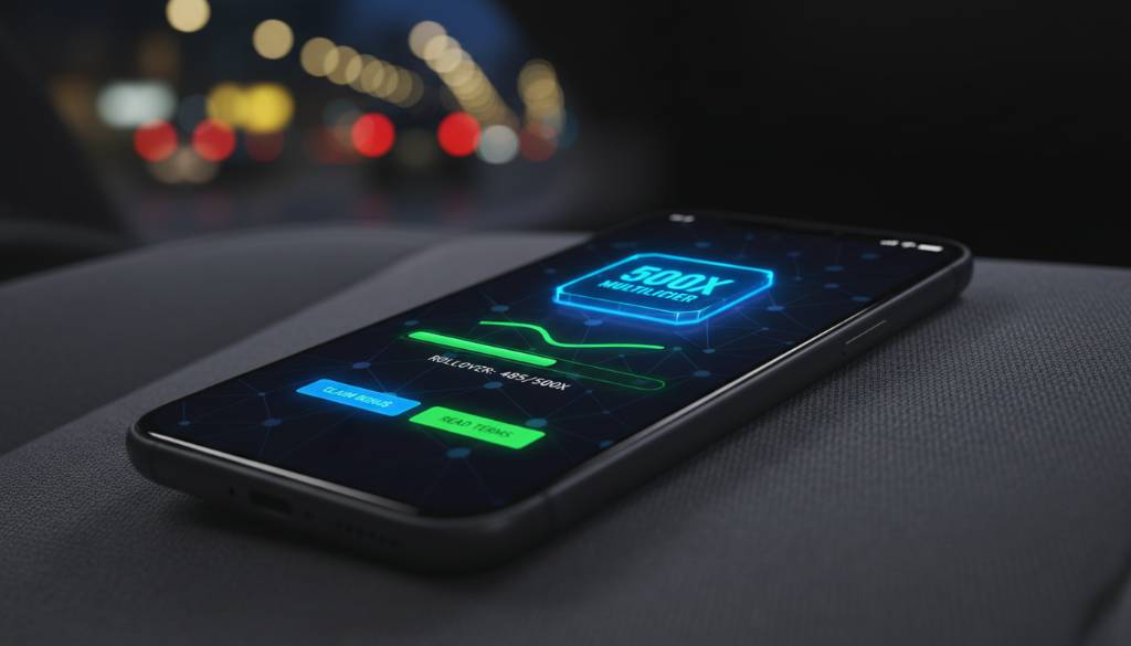 Crypto casino app mockup on a smartphone displaying a dark dashboard with a neon green rollover bar and electric blue 500x multiplier, resting on a textured gray car seat.