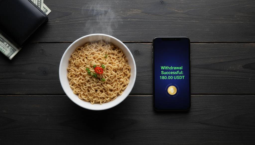 Top-down flatlay of instant ramen noodles next to a smartphone displaying a successful 180.00 USDT crypto withdrawal notification on a dark wooden table.