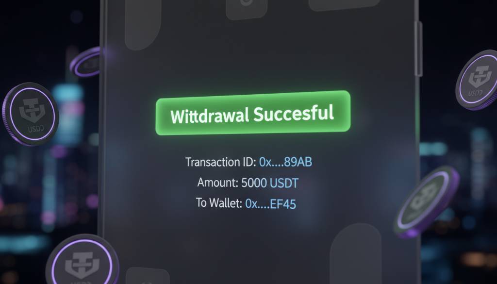 Sleek mobile crypto casino interface featuring a neon green Withdrawal Successful notification and floating 3D USDT coins against a charcoal glassmorphism background.