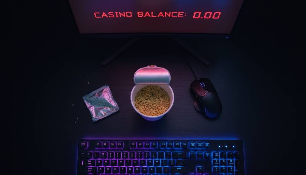 Top-down flatlay of a dark gaming desk featuring instant ramen, a gaming mouse, and a monitor showing a zero casino balance under neon purple and blue lighting. Top-down flatlay of a dark gaming desk featuring instant ramen, a gaming mouse, and a monitor showing a zero casino balance under neon purple and blue lighting.