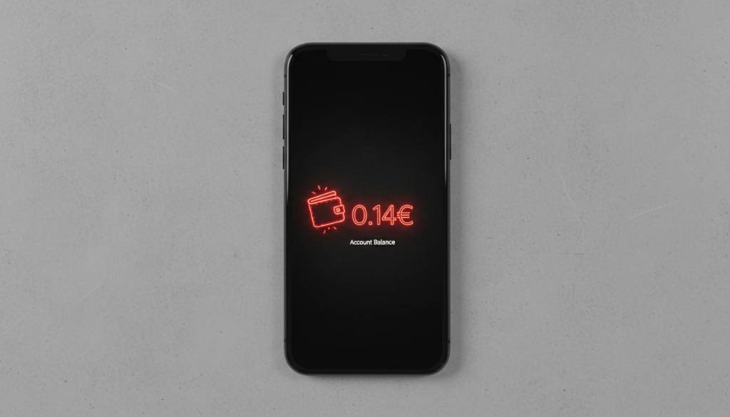 Smartphone screen displaying a 0.14&euro; crypto casino balance in glowing red neon numbers with an empty wallet icon on a dark minimalist background.